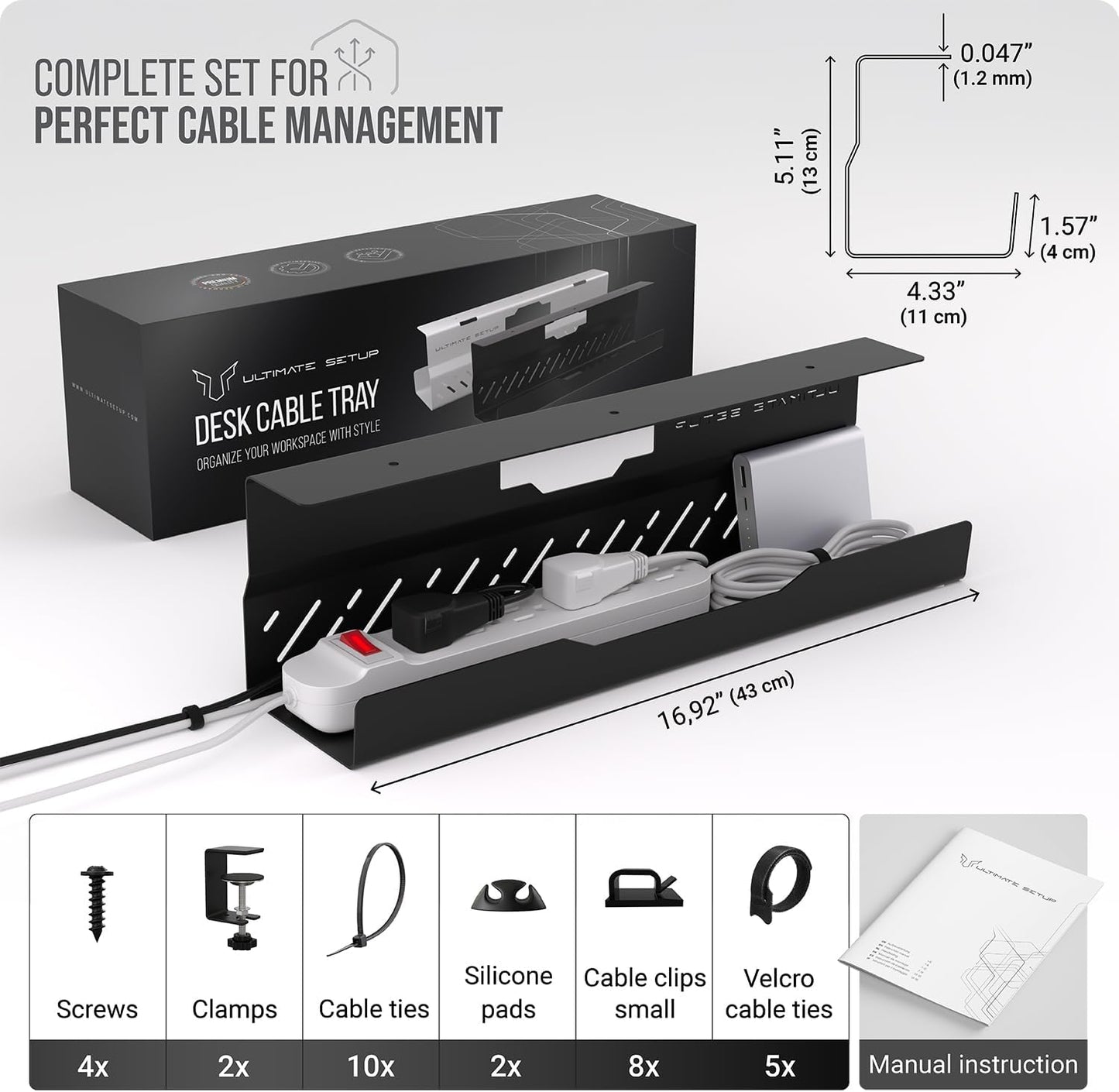 Under Desk Cable Management Tray no Drill – Wire Management - Cord Organizer – Huge Load Capacity – Under Desk Cable Tray no Drill (Black, 1 Piece Set)