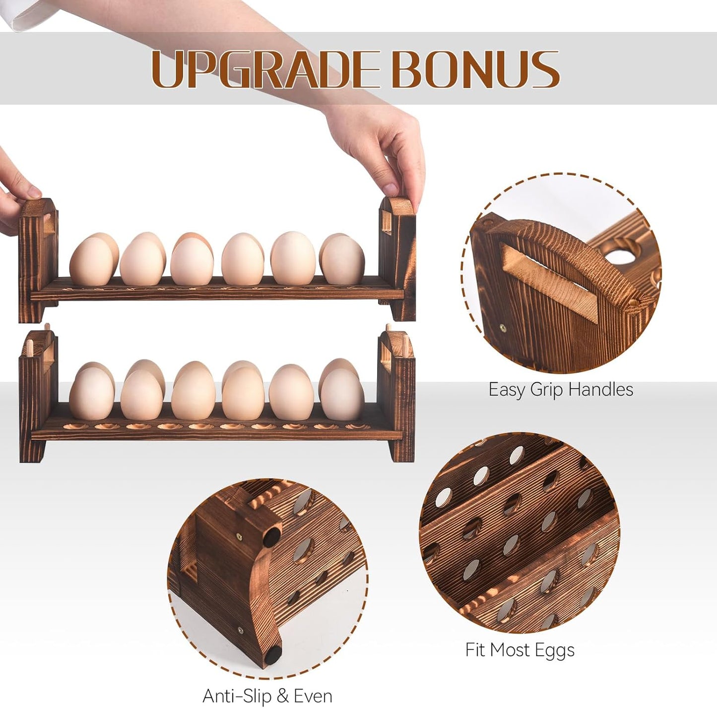 Wooden Egg Holder 3 Layer Fresh Egg Rack Holders Countertop Stackable Quail Egg Sorter Storage Trays Organizer Display Stand Kitchen Rack, Fits Duck, Turkey, Chicken Eggs,up to 36 Eggs, 3 Tier-Brown