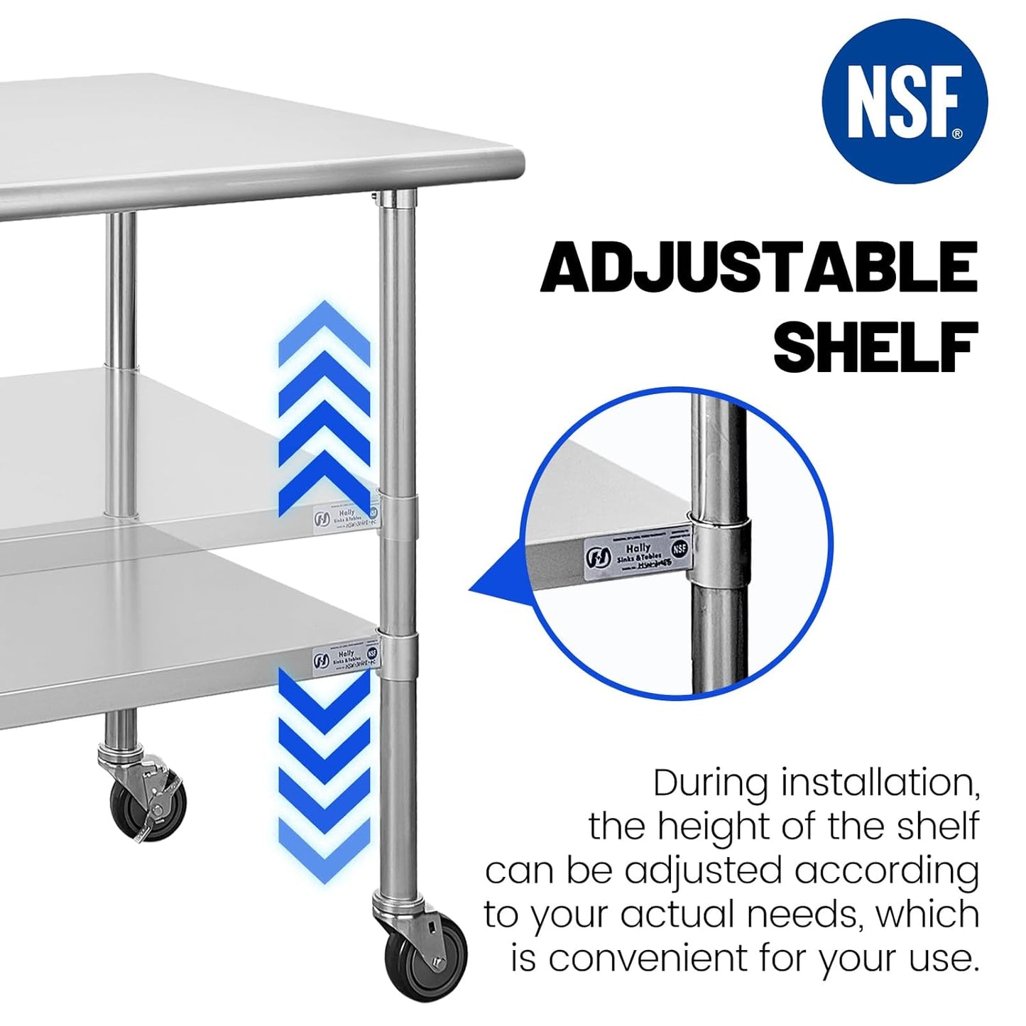 Hally Stainless Steel Table for Prep & Work 24 x 72 Inches with Caster Wheels, NSF Commercial Heavy Duty Table with Undershelf and Galvanized Legs for Restaurant, Home and Hotel