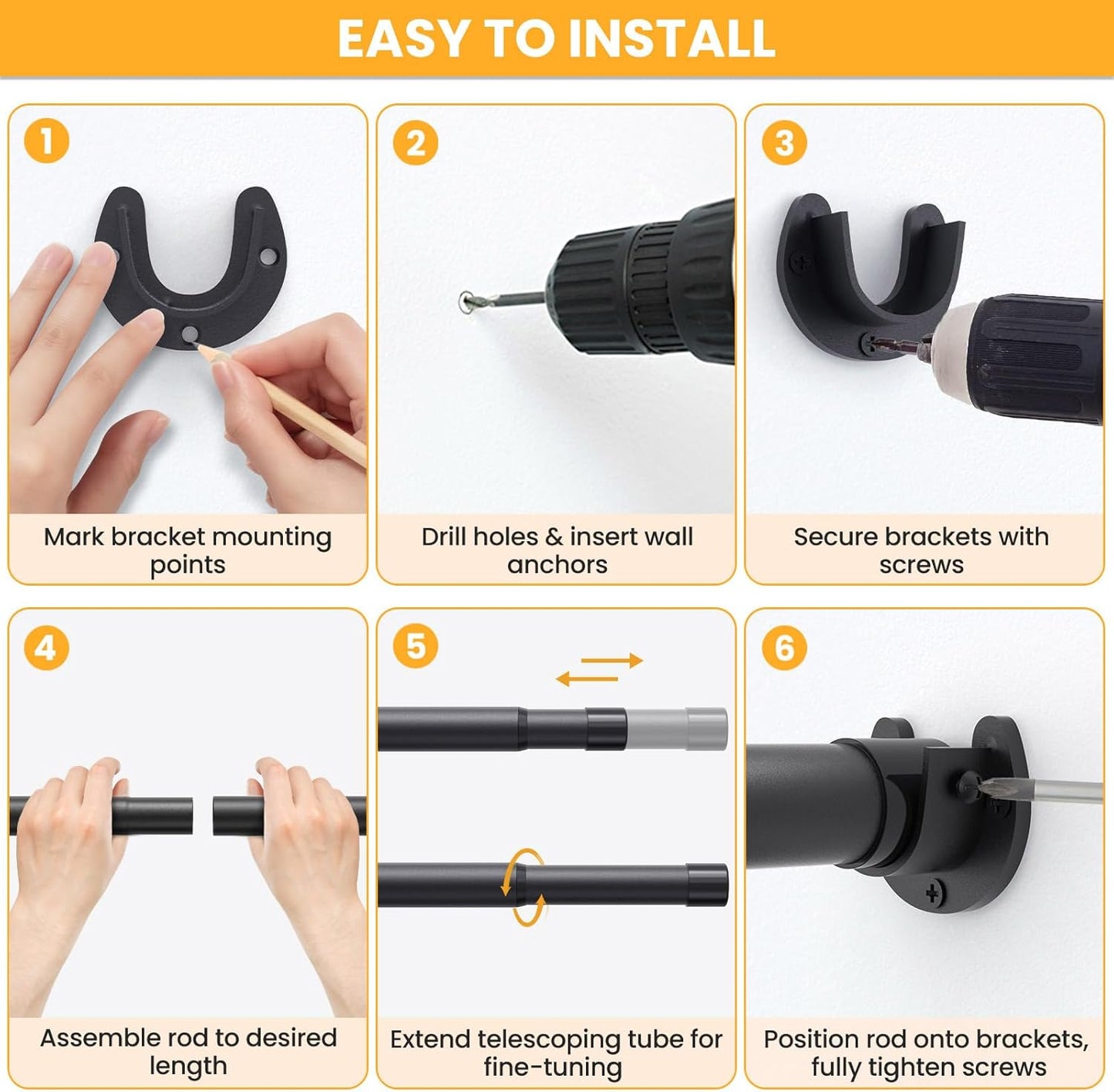 Closet Rods for Hanging Clothes, 17-39 Inch No-Cut Stepless Adjustable Closet Rod, 1.3 Inch Heavy Duty Metal Closet Hanging Rod with Brackets, Black Closet Bar for Closet, Laundry Room, RV, Wardrobes