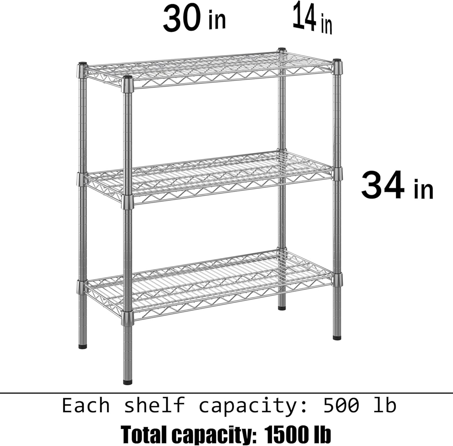 14" Deep x 30" Wide x 34" Height Wire Shelving Kit | 3-Tier | NSF Commercial Storage Rack Unit