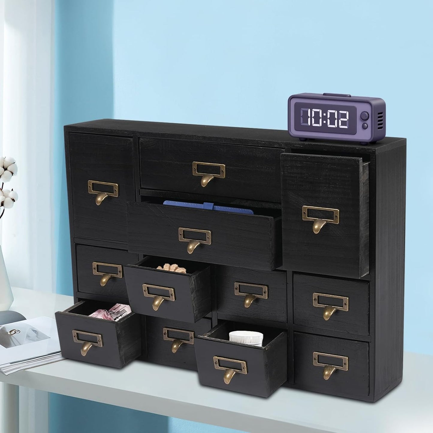 12-Drawer Wooden Storage Cabinet Organizer, Apothecary Cabinet Vintage Library Card Catalog Cabinets for Countertop Apothecary Tea Coffee Pod Storage (Black)