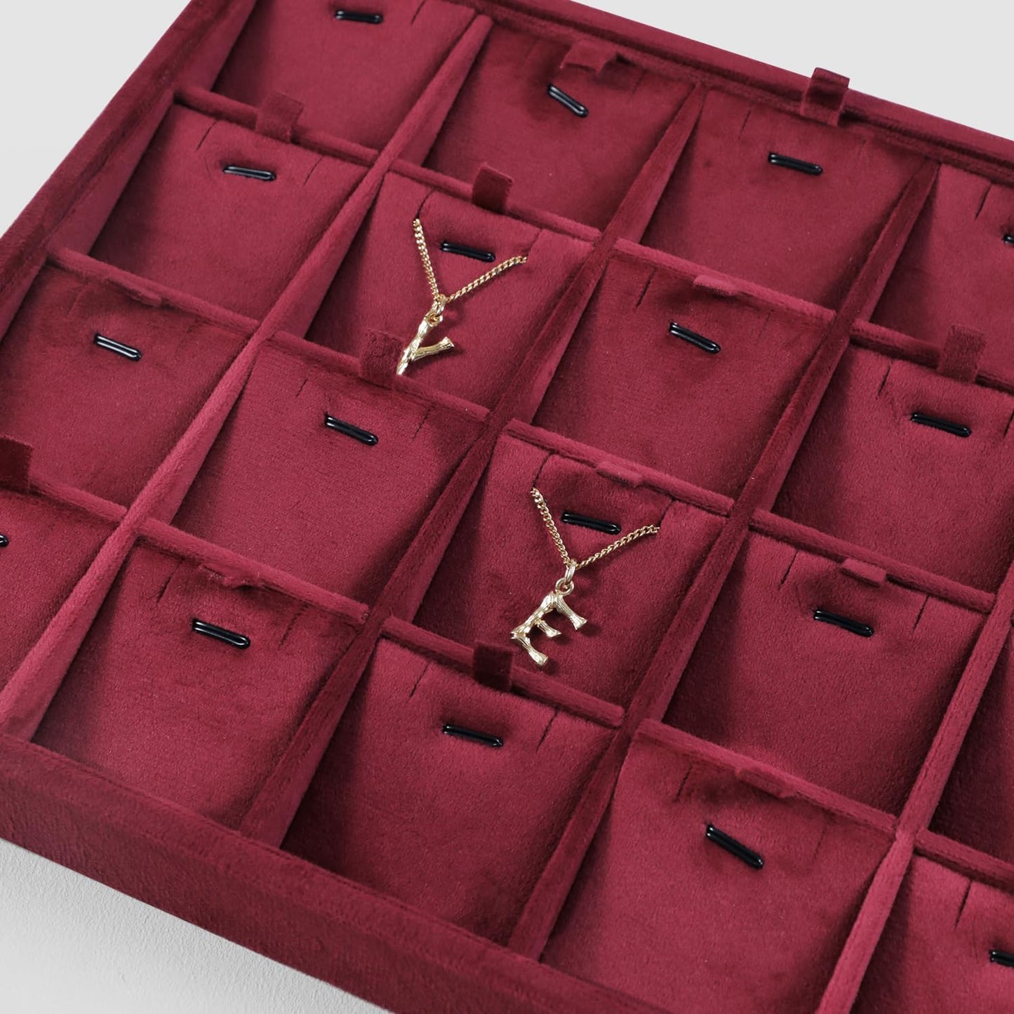 Velvet Necklace Display Tray, Stackable 24 Grid Insert Pendant Necklaces Storage Holder Plate, Jewelry Retail Countertop Organizer (Red)