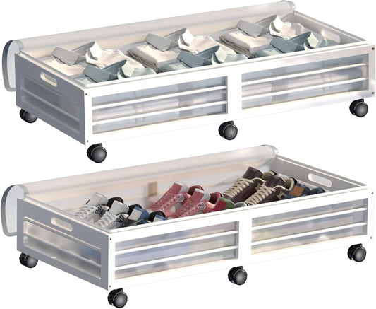 Under Bed Storage Containers with Wheels, Larger Bamboo Wood Under Furniture Storage Containers with Dust Bags，Rolling for Shoes Clothes