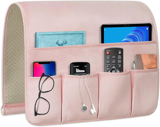 Remote Control Holder for Armchair，Couch Caddy Organizer TV Remote Holder for Bed Storage 5 Pockets，Remote Caddy Bedside Organizer Bedside Table Organizer (Pink, 35''x18'')