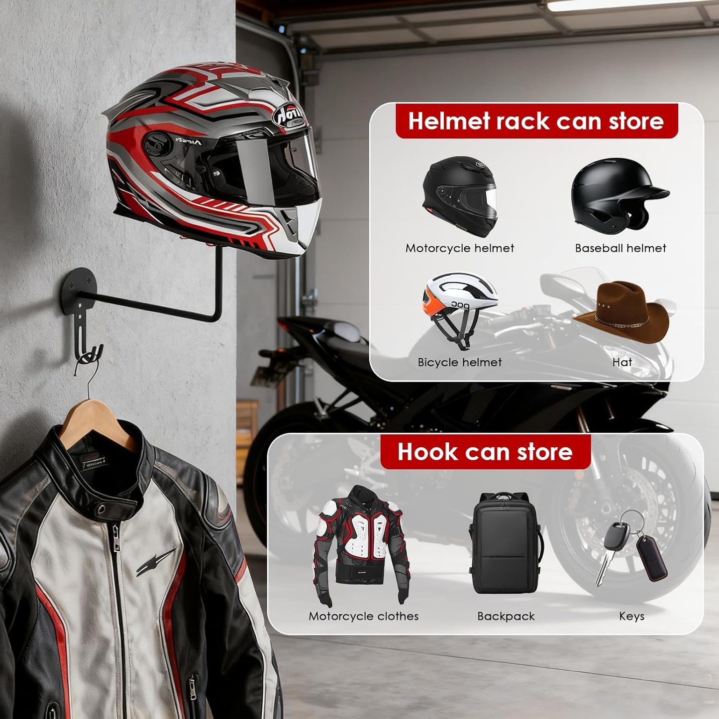 Helmet Holder Wall Mount, 4 Pack Metal Motorcycle Helmet Holder with Hooks Multifunctional Helmet Storage Rack for Helmets, Hats, Jackets