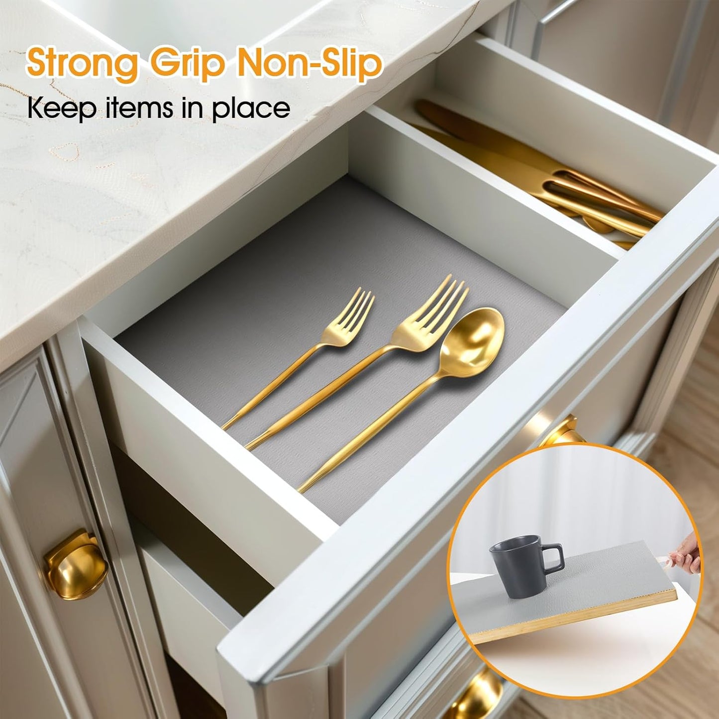 Shelf and Drawer Liner for Kitchen Cabinets Non-Adhesive, Strong Grip Non-Slip Thickened Cabinet Liners for Shelves, Waterproof Mats for Dresser Cupboard, Pure Gray, 23 in x 30 Feet