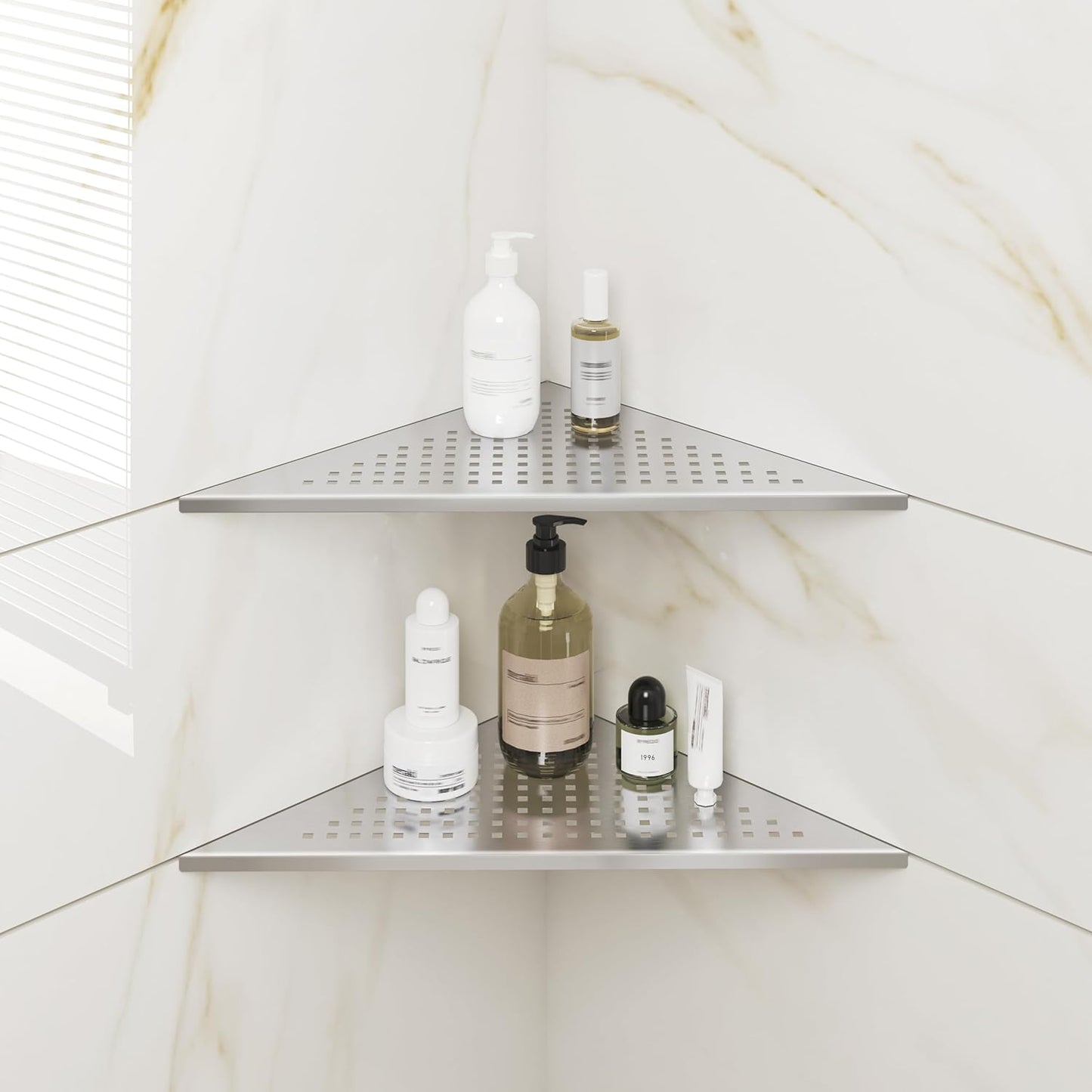 FerdY 2-Pack 10" Brushed Nickel Recessed Corner Shower Shelf, for Tiled Bathroom Walls, 304 Stainless Steel Floating Shower Shelf, Shower Caddy Storage Shelves, No Drilling Required, Point Triangle