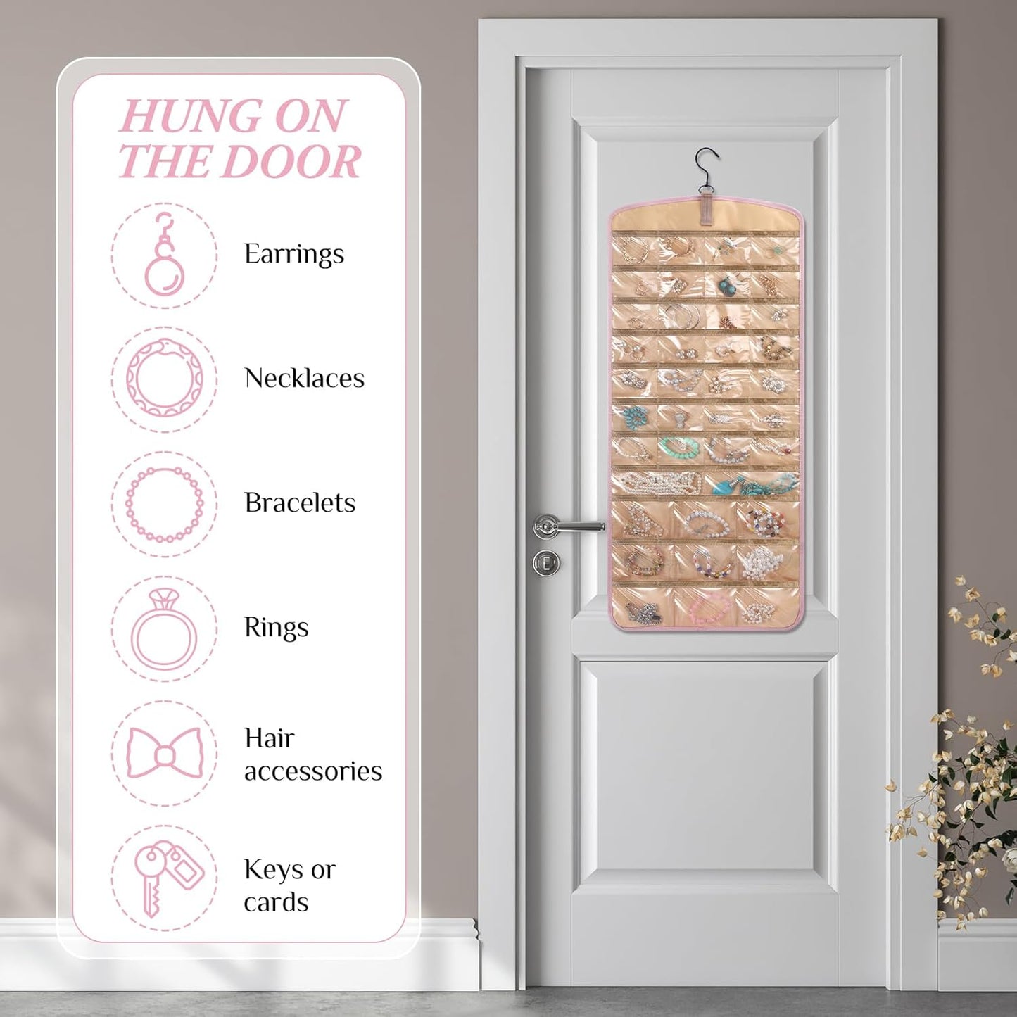 2 Pack Hanging Jewelry Organizer Storage with 39 Pockets, 30 Necklace Hooks Double Sided Wall Mount Earring Holder Organizer Bracelet Necklace Jewelry Display Hanger for Closet Door(Pink)