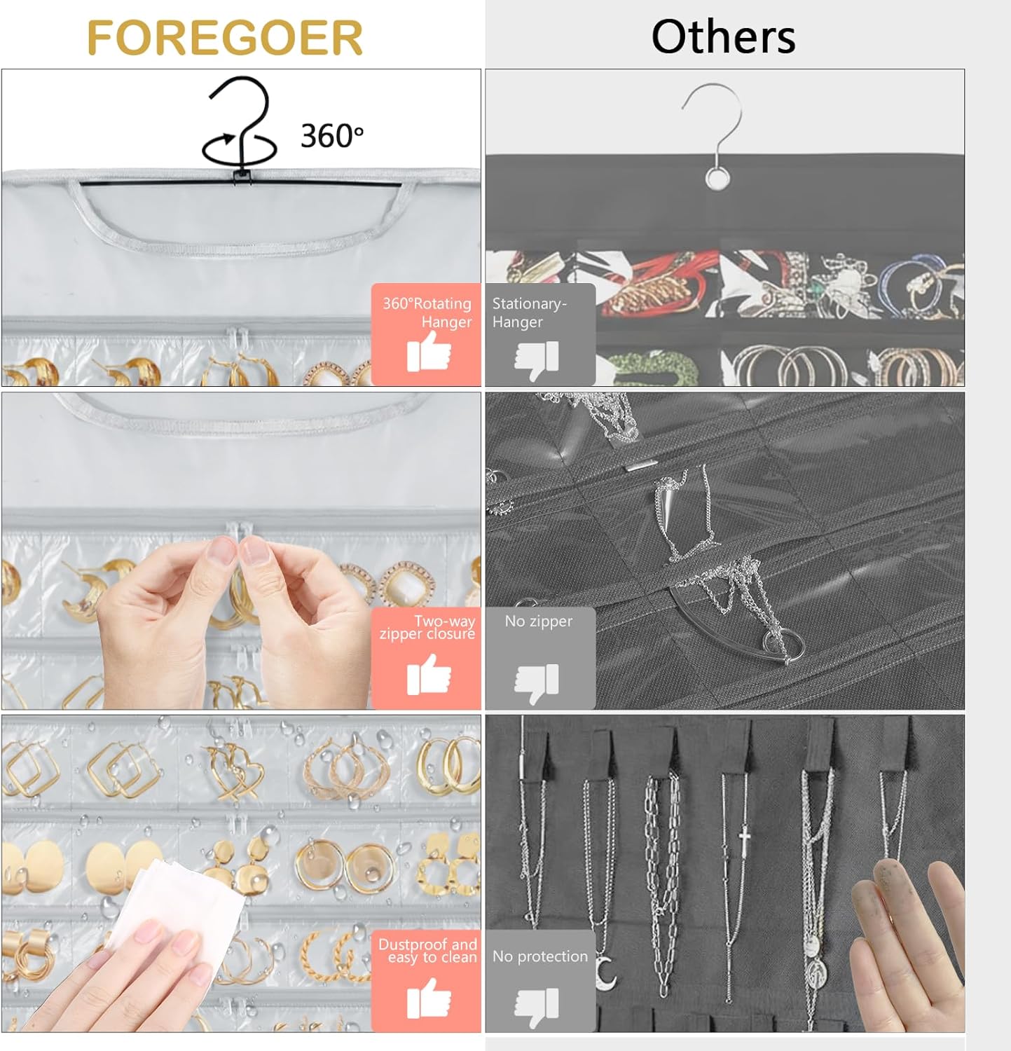 FOREGOER Hanging Jewelry Organizer with 88 Zippered Pockets, Dustproof Foldable for Travel, Accessories Organizer for Holding Jewelries, Earring Organizers and Storage ((Gray)