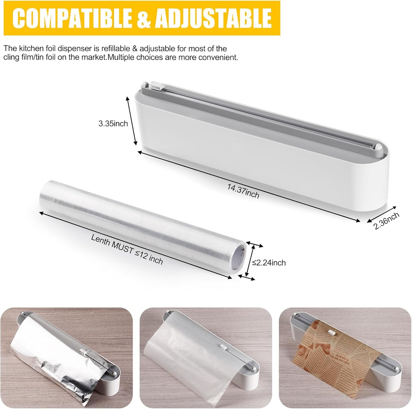 Aluminum Foil & Plastic Wrap Dispenser with Slide Cutter - Magnetic & No-Drill Wall Mount, Cling Film Dispenser for Worktops & Cabinets, Space-Saving Kitchen Organizer - Fits 12" Rolls, White
