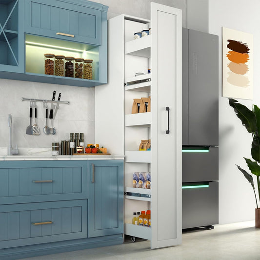 JOYSOURCE Tall Narrow Pull-Out Storage Shelf with Wheels 6-Tier Slim Rolling Storage Next to Fridge Spice Rack Shelves for Small Spaces, Kitchen, Laundry Room, Bathroom White
