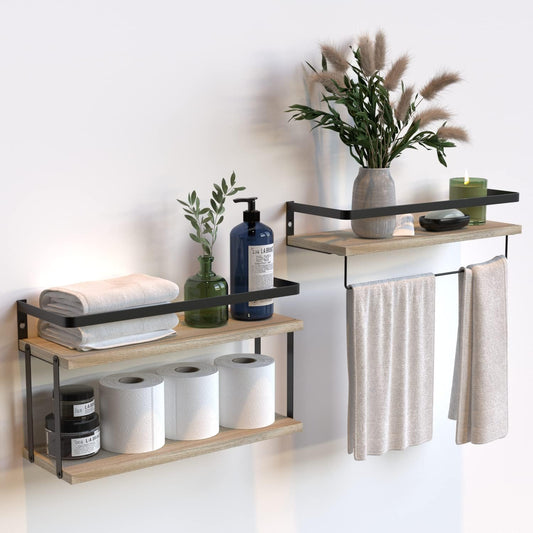 RICHER HOUSE 2+1 Tier Wall Mounted Floating Shelves Set of 2, Rustic Wood Wall Shelf with Metal Frame, Extra Storage Rack for Bathroom, Kitchen, Bedroom with Tissue Rack & Towel Bar - Rustic Wood