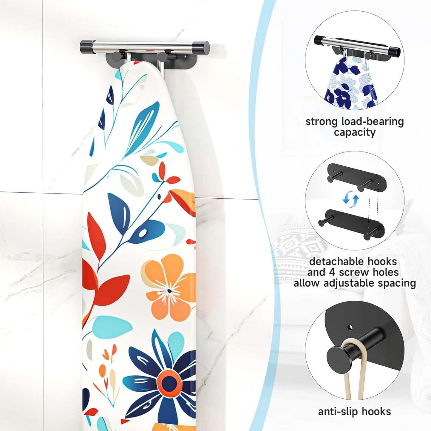 Ironing Board Holder Wall Mount,Ironing Board Hanger with Removable Hooks, Laundry Rooms Stainless Steel Ironing Boards Hook for Wall for Y or T Leg (Black)