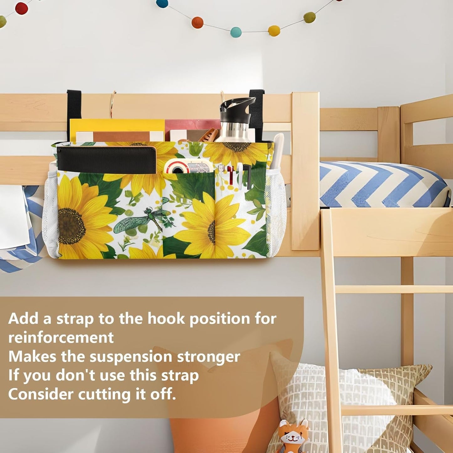 Cute Yellow Sunflowers and Dragonflies Bedside Caddy for Dorm Bed Bedside Hanging Caddy Bag Iron Frame Storage Organizer Pocket for Bunk Home College Hospital Beds 2 Hooks