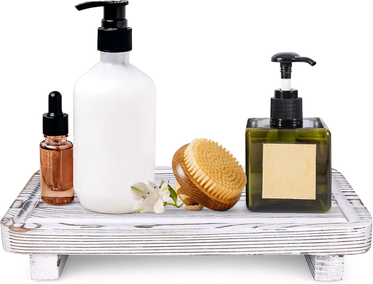 Rustic White Bathroom Counter Tray Kitchen Countertop Trays Decorative Wood Risers Display Pedestal Stand Wooden Riser Soap Dish Dispenser Holder for Bathroom Sink Accessories Kitchen Decor Tray
