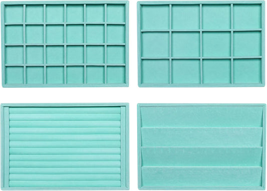 Frebeauty Stackable Velvet Jewelry Organizer Trays for Drawers Inserts Jewelry Storage Tray Display Case, Stud Earrings Bracelets Necklace Rings Accessories Trays for Women(Set of 4)(Turquoise)