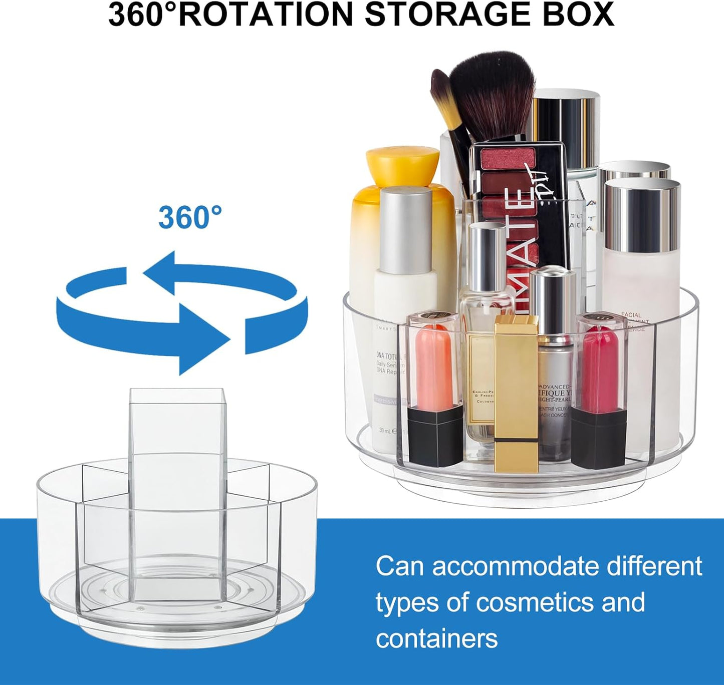 360° Rotating Makeup Organizer Clear Turntable Lazy Susan Organizer for Vanity, Bathroom Counter, Spinning Cosmetic Display Case with 5 Compartment Holder for Skin Care, Makeup Brushes, Lipsticks
