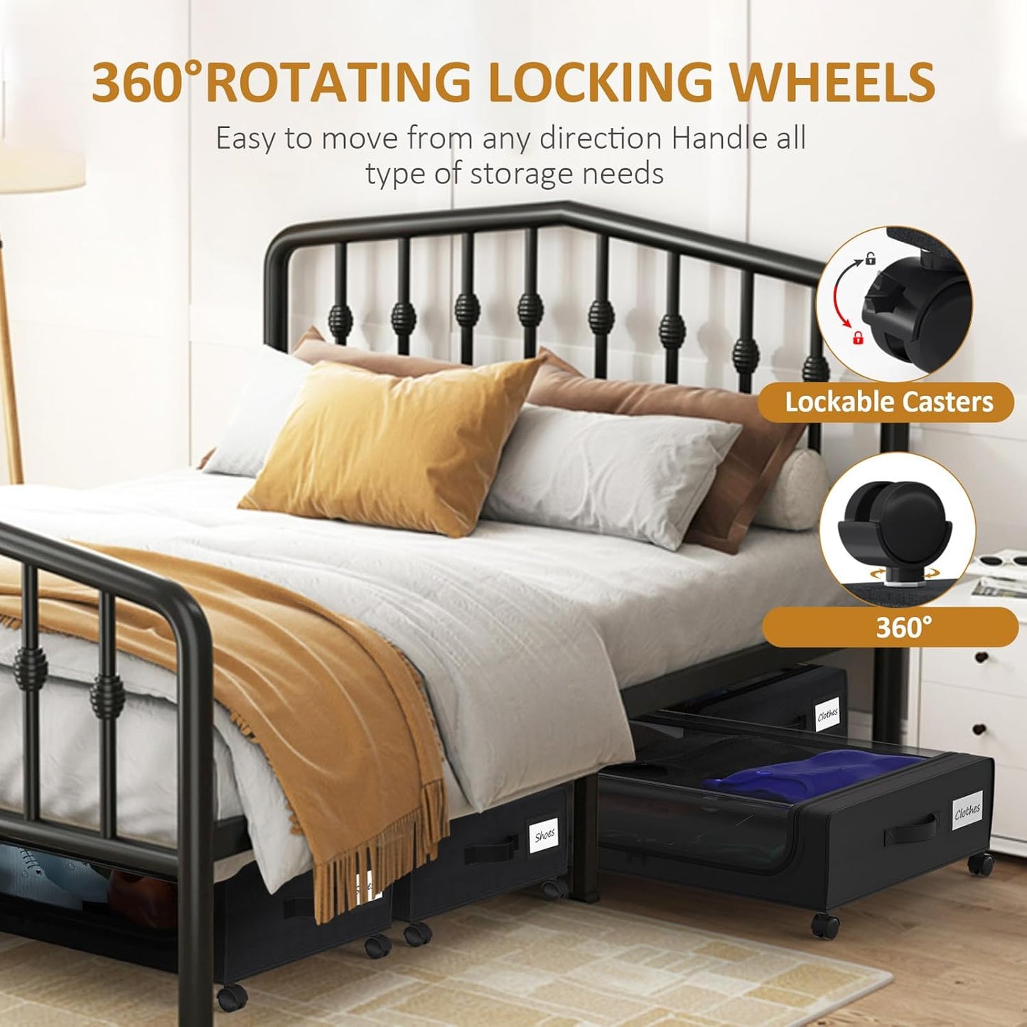 Large Under Bed Storage with Wheels, Under Bed Storage Containers, Under Bed Shoe Storage Organizer, Rolling Underbed Storage Containers for Bedroom Clothes Shoes Blankets, 2 Pack, Black