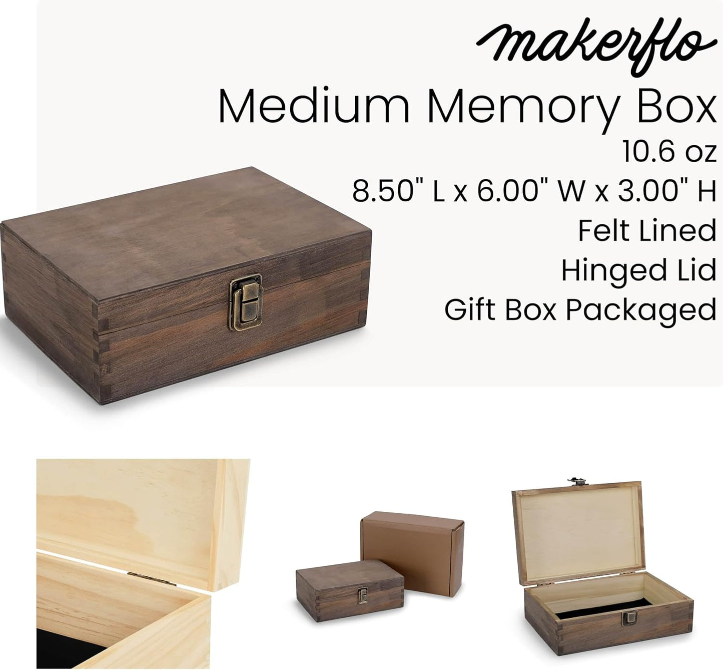 Makerflo Medium Natural Pine Wood Memory Box with Black Felt Inside, Hinged with Clasp, Keepsake Wooden Box Ideal for Craft and Personalization (Laser Engraving, Epoxy, UV DTF, and Vinyl) – Pack of 24