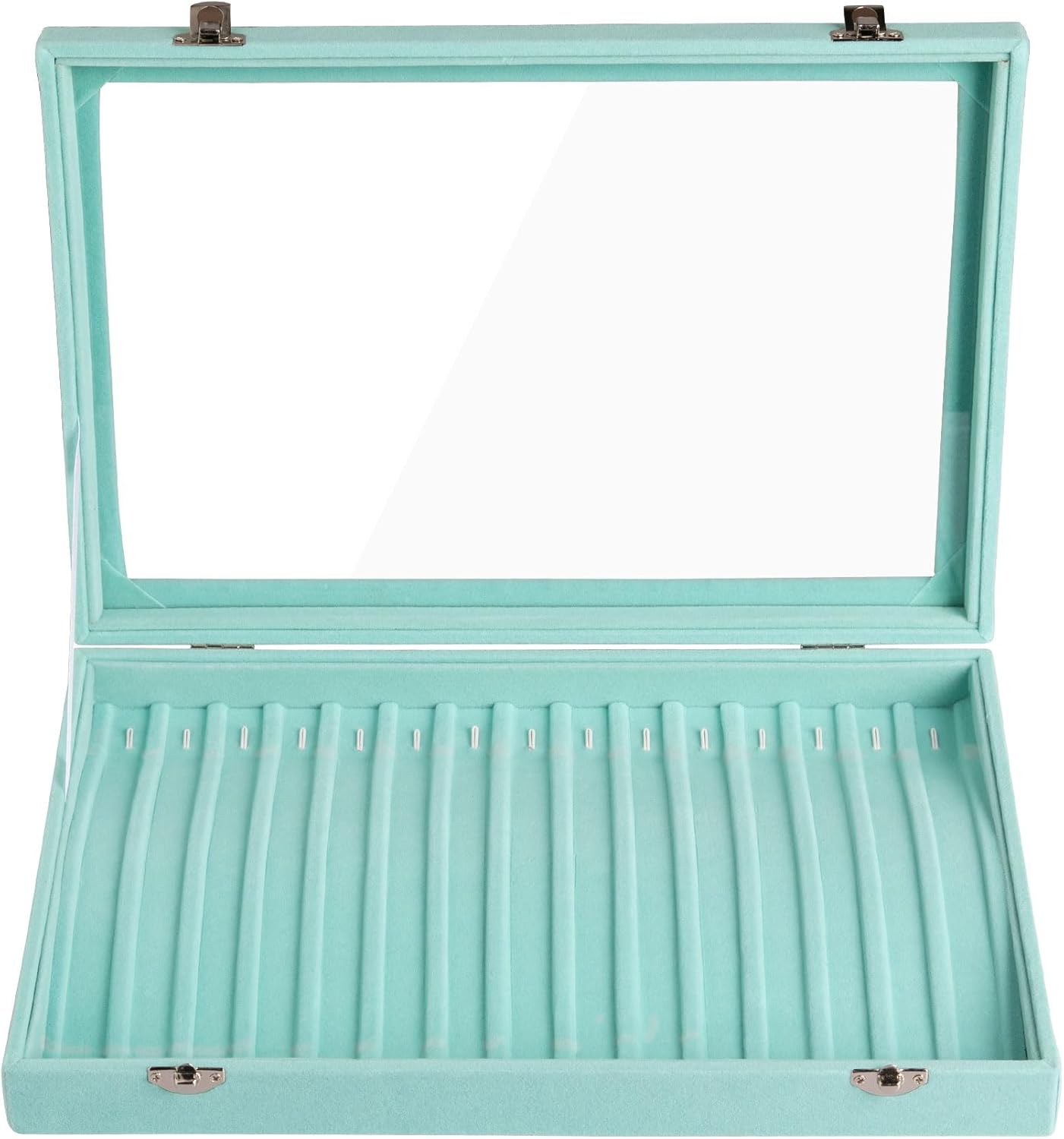 Frebeauty 15 Hooks Necklace Tray Velvet Neckalce Organizer with Clear Lid Lockable Necklace Holder Box Jewelry Organizer for Pendants Chains Necklace Jeweley Tray for Women Girls(Turquoise)