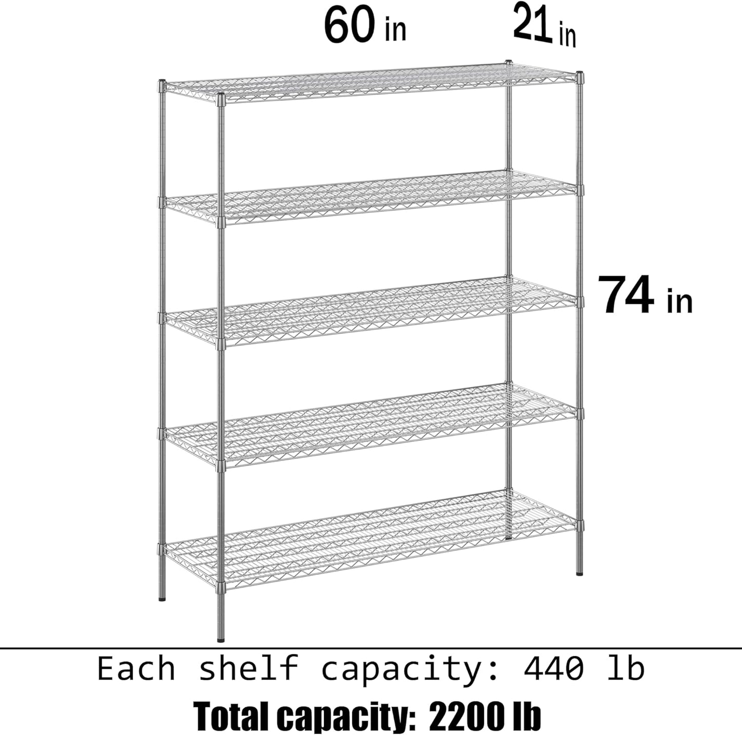 21" Deep x 60" Wide x 74" Height Wire Shelving Kit | 5-Tier | NSF Commercial Storage Rack Unit