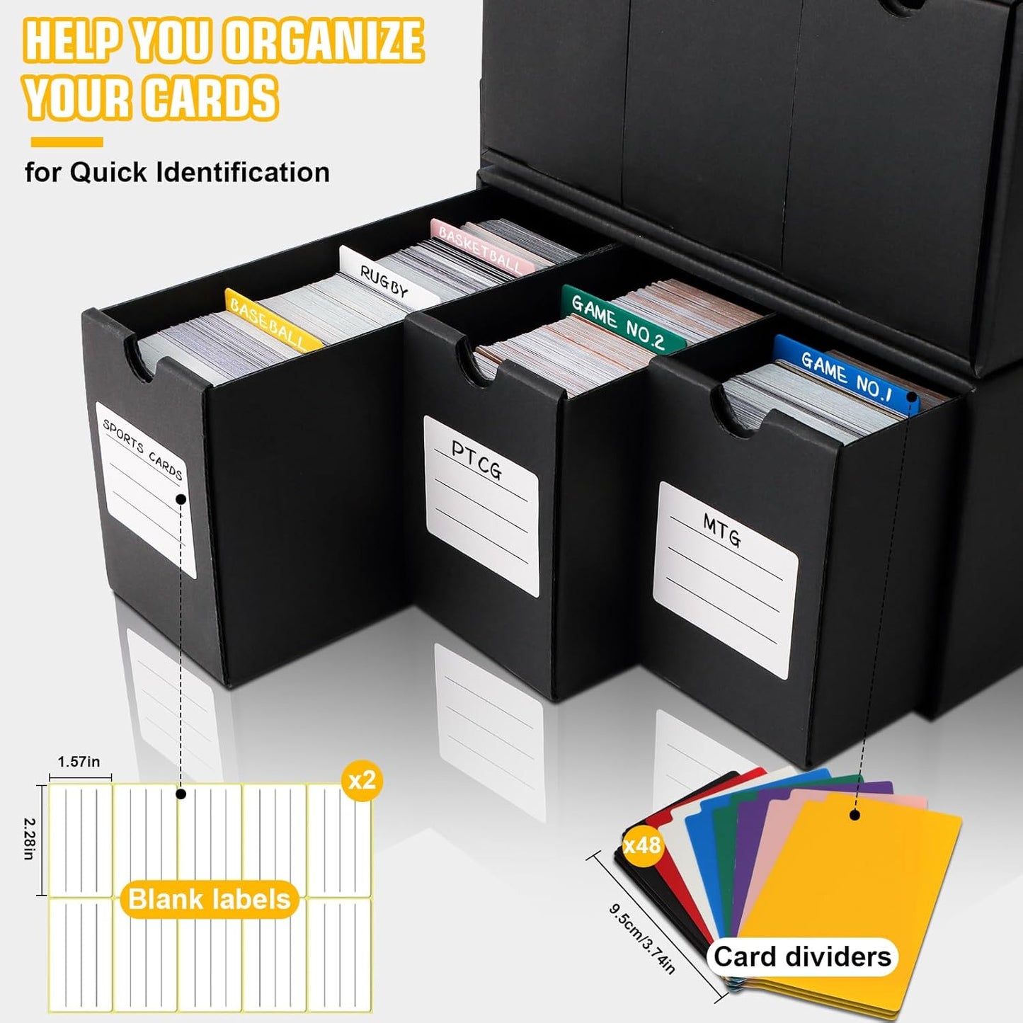Trading Card Storage Box, Includes 12-600 CT Boxes & 48 Card Dividers, 12000+ Trading Card Organizer for Collectible Card Games, for TCG, MTG, PTCG, Baseball Cards, with Labels & Tapes