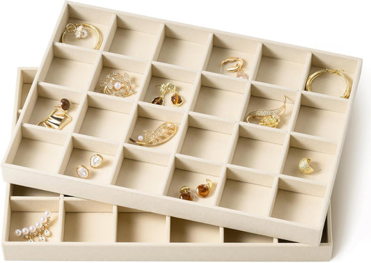 pickpiff Drawer Jewelry Organizer & Display Trays: 2pcs 24grid Velvet Stackable Jewelry Case (13.8x9.4x1.2inch) - Soft Beige Ring Storage Bracelet Holder Earring Box