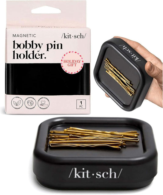 Kitsch Magnetic Bobby Pin Holder - Cute Stuff, Strong Magnetic Pin Holder for Desk & Vanity, Securely Holds Metal Hair Clips, Bobby Pins & Paper Clip | Ideal Gifts for Women - Black, 1 Pc