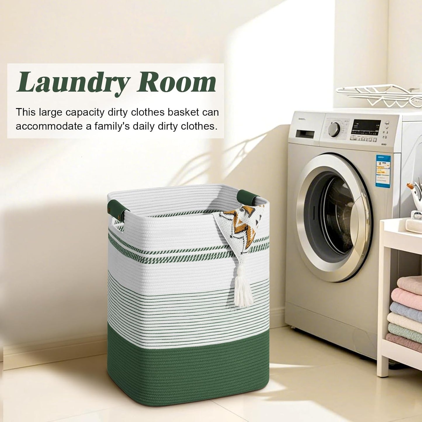Laundry Hamper, 85L Tall Laundry Basket with Leather Handles, Rectangle Large Clothes Hamper for Organizing, Cotton Woven Laundry Baskets Storage Hampers for Bedroom, Nursery, Living Room