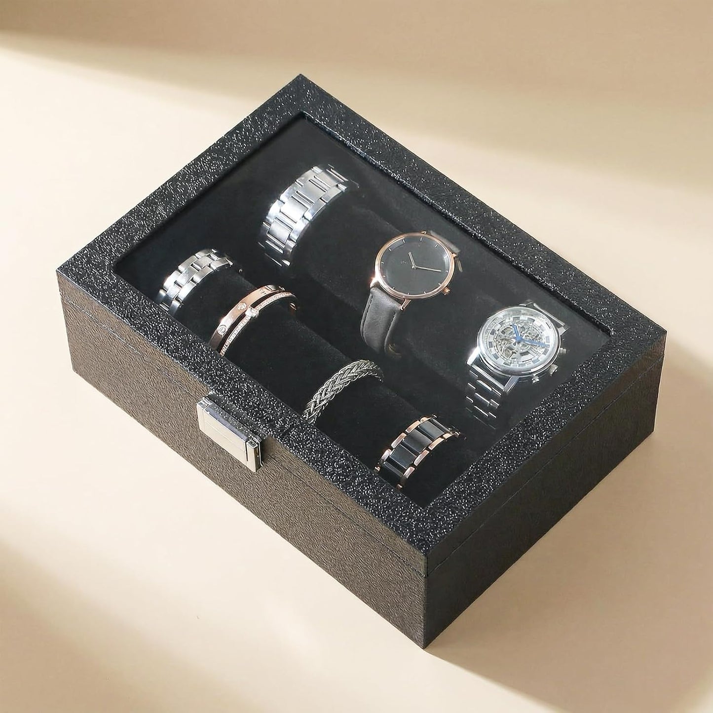 Bracelet Display Holder with Clear Lid, Jewelry Storage Organizer Box Case with Rods for Bangles, Watches, Women (Black)