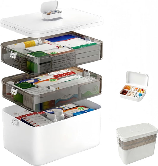 3-Tier Medicine Organizer with Detachable Pill Box, First Aid Kit with Handle, Portable Multipurpose Plastic Medical Box for Home, Travel, and Family Emergencies（White）