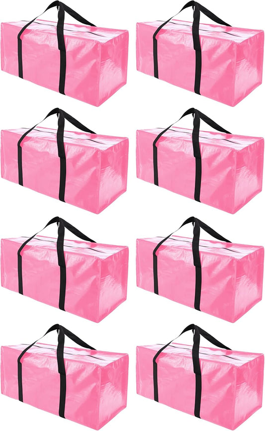 8 Pack Extra Large Moving Bags with Zippers & Carrying Handles, Heavy-Duty Storage Tote for Space Saving Moving Storage, Fold Flat, Alternative to Box and Bin,Pink