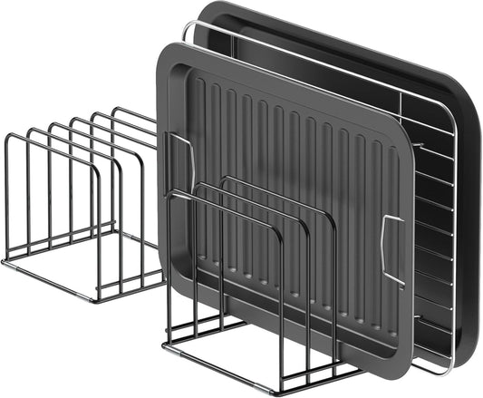 Kitchen Cabinet Organizer, Steel Cookware Holder, Divided Holder with 5 Slots for Skillets Baking Tray and Chopping Board Rack - Baking Pan Holder Storage (2 PCS)