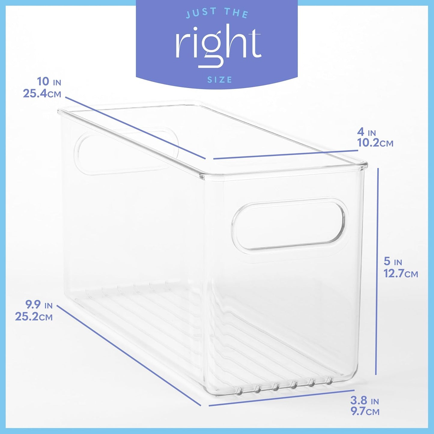 primebox Plastic Food Storage 4 Pack Clear Container Bin with Handles for Organizing Kitchen, Pantry, Refrigerator, Freezer, Pantry, Cabinet, Closet, Bathroom. 10”x4”x5”