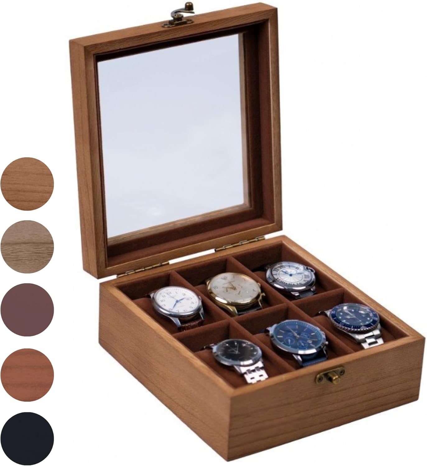 Watch Box, Watch Case for Men Women with Large Glass Lid, Wooden Watch Display Storage Box with 6 - Slots, Retro Burlywood 6x2 Mens Watch Box Organizer