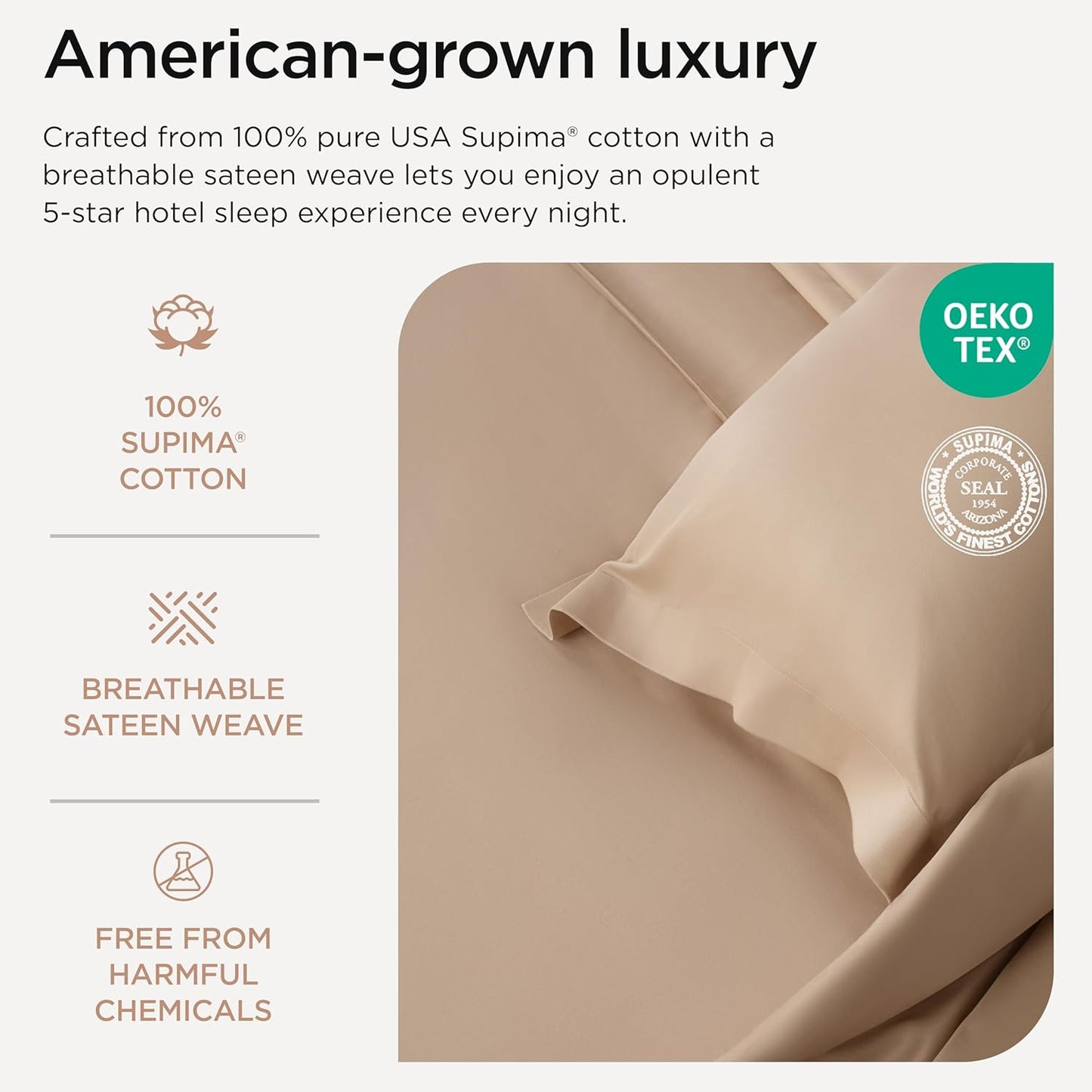 Threadmill California King Sheet Sets |Certified American Supima Cotton Sheets | 656 Thread Count 4 Piece Hotel Quality Luxury Bed Sheets Set with Elasticized Extra Deep Pocket |Beige Sheets