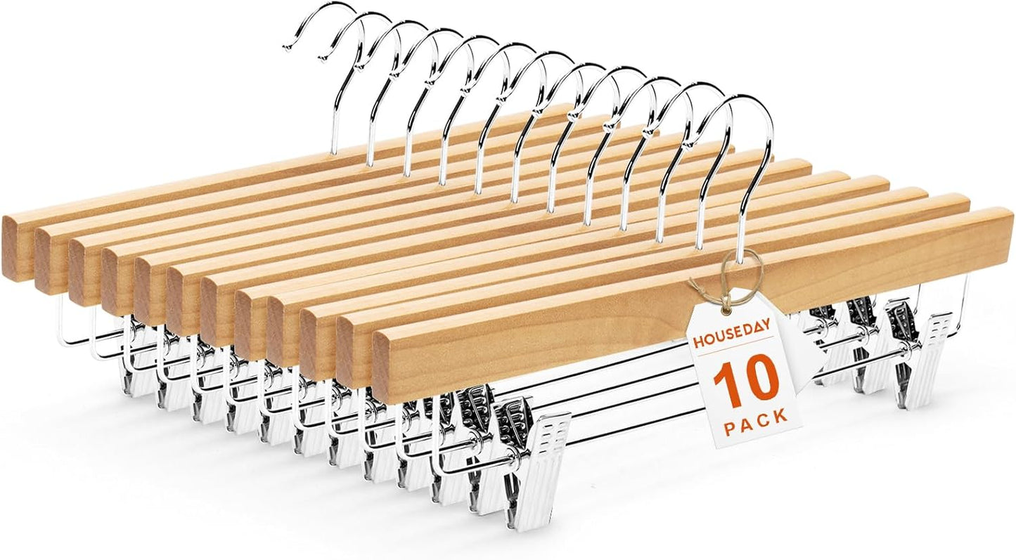 HOUSE DAY Wooden Pants Hangers with Clips, Solid Lotus Deluxe Wood Skirt Hangers, Heavy Duty & Anti-Rust Hook for Wrinkle-Free Slacks, Skirts, Jeans, Space Saving for Closet 10 Pack (Natural)