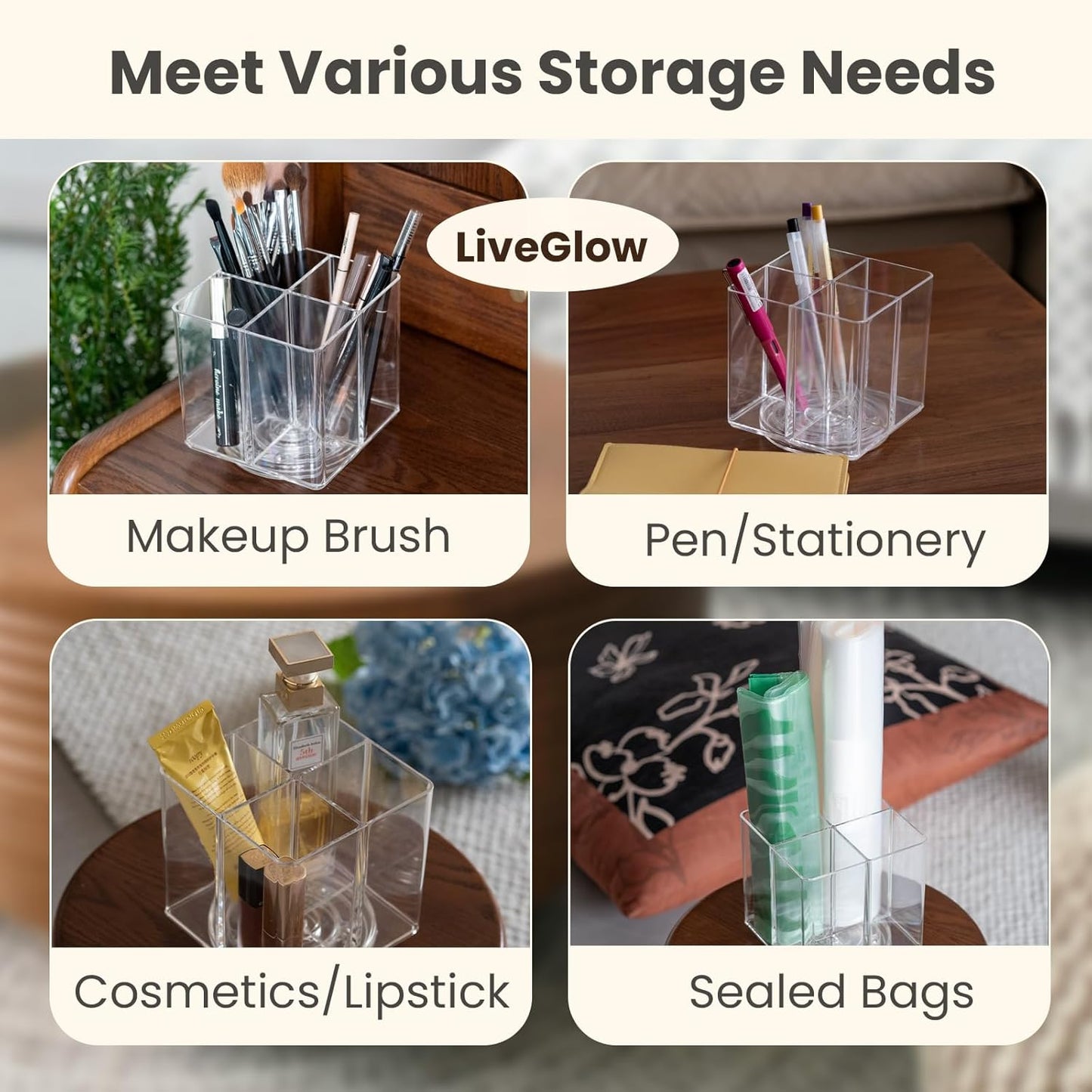Clear Makeup Brush Holder,Acrylic Rotating 360°Makeup Brush Organizer,Pen holder with 4 Grids,Makeup Holder for Courtup,Containers for Desk,1pc