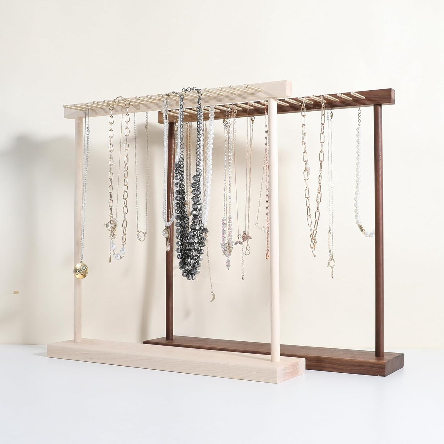 GemeShou Large necklace hanger shelf with 17 copper bars, Wooden jewelry storage organizer rack for hanger necklace bracelet, necklace display stand for boutique store【Marple】