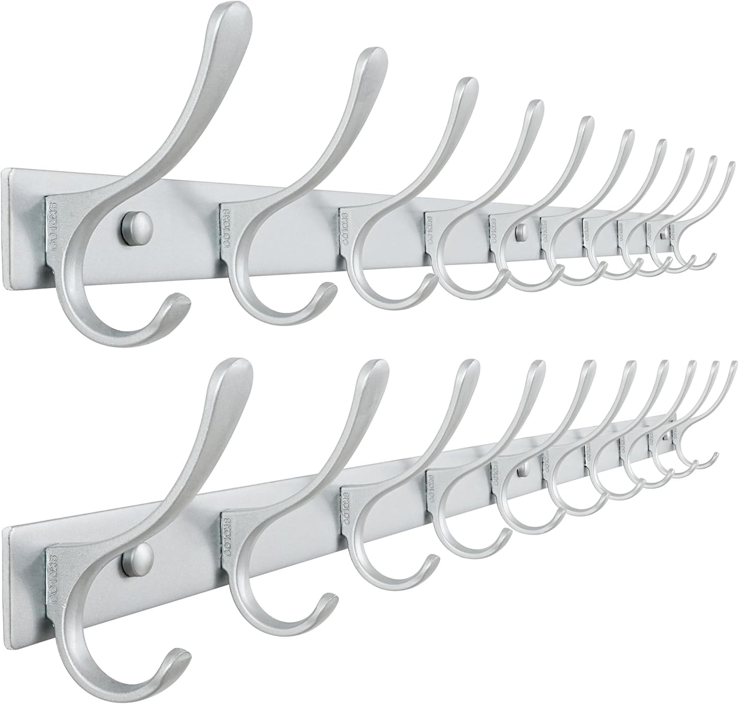 SKOLOO Coat Rack Wall Mounted - 10 Hooks, Pack of 2, Heavy Duty, Stainless Steel, Metal Wall Hangers, Sturdy Coat Hooks for Hanging Coats, Jacket, Clothes, Hat, Cold Light Silver