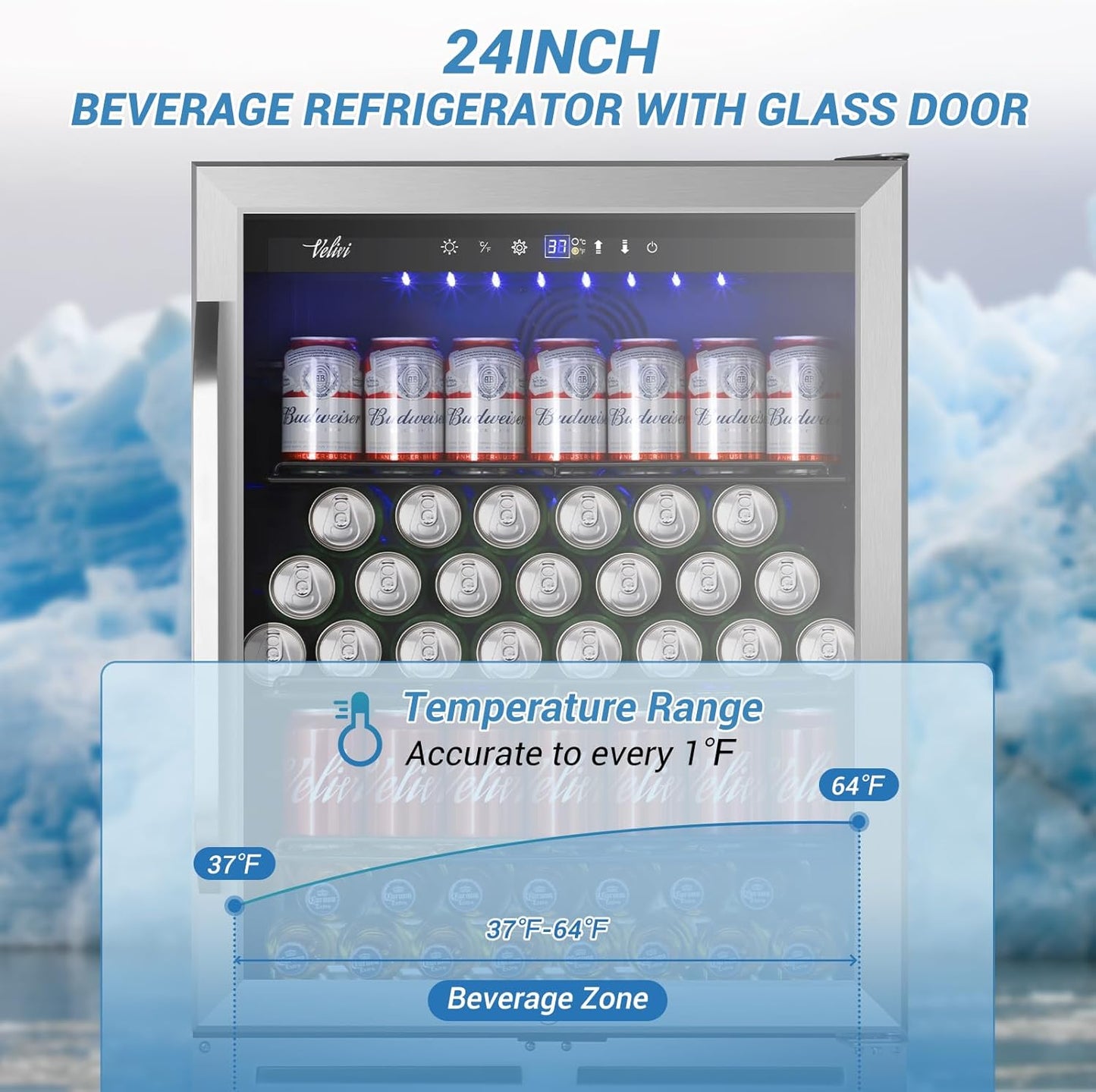 24 Inch Beverage Refrigerator, 210 Cans Under Counter Beverage Cooler, 24" Space Built-In Beer and Drink Fridge with Glass Door for Soda, Water, and Milk - For Kitchen, Bar or Office