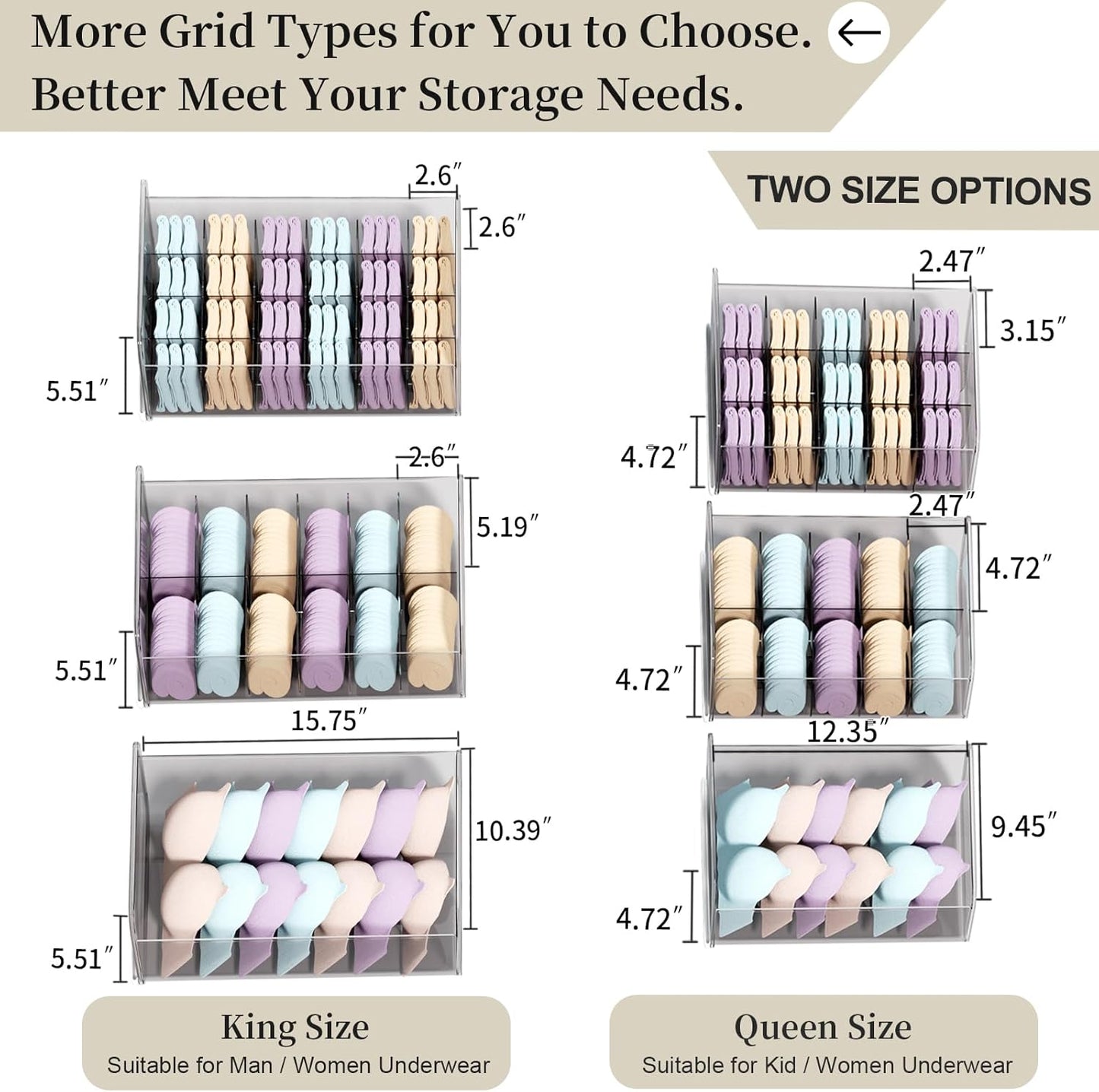 Underwear Organizer Drawer, 10 Cells Plastic Sock Underwear Storage Drawer, Stackable Closet Organizers and Storage Box for Bras, Socks, Scarves, Ties, Belt (Queen Size-White, 1 Pcs)