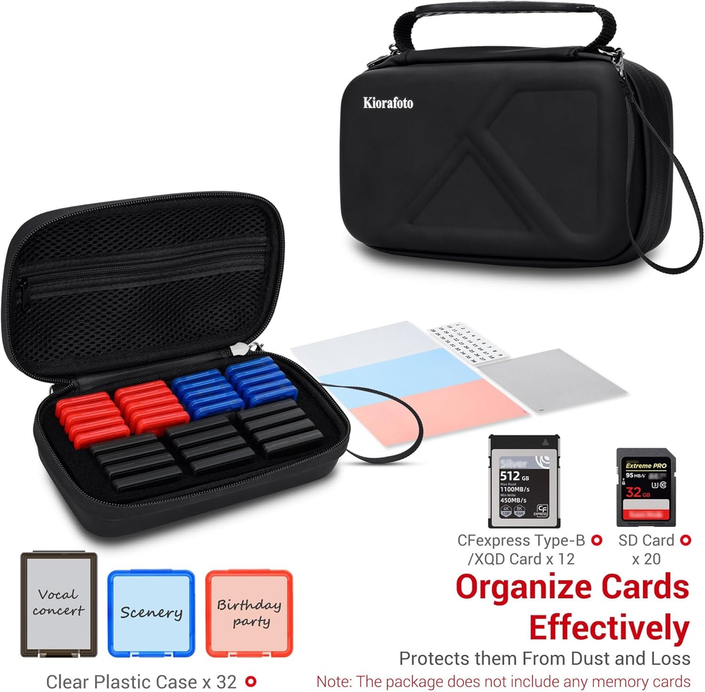 EVA PU CFexpress Type B Card Case with 32 PCS Individual Plastic Memory Card Holder for 12 XQD/CFexpress Type-B Cards & 20 SD SDXC SDHC Cards,Water-Resistant Anti-Shock CFexpress SD Card Case Storage