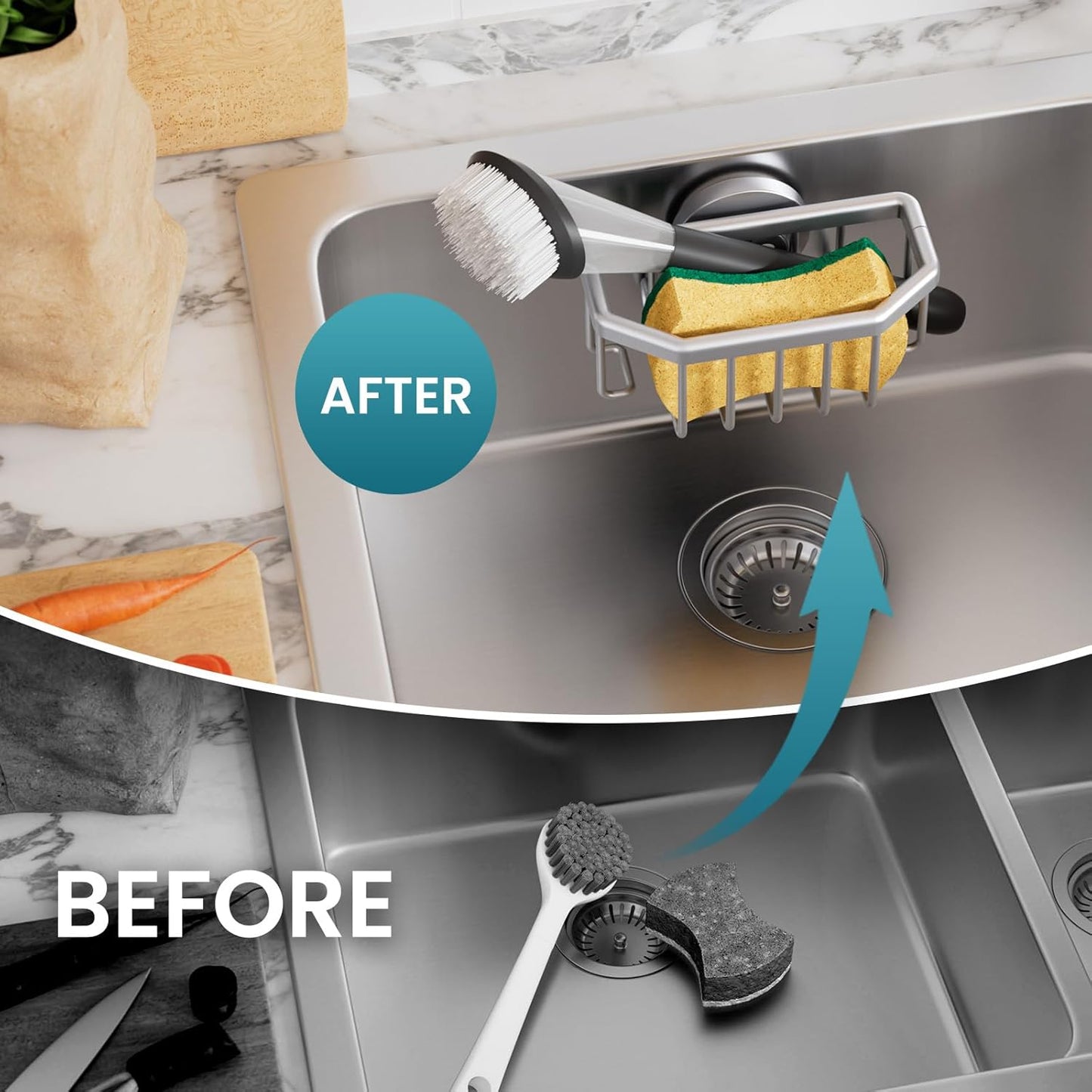 TAILI Sponge Holder for Kitchen Sink with Strong Suction Cup, Rustproof Aluminum Sink Caddy for Sponges, Brushes, Stoppers & Scrapers, Silver