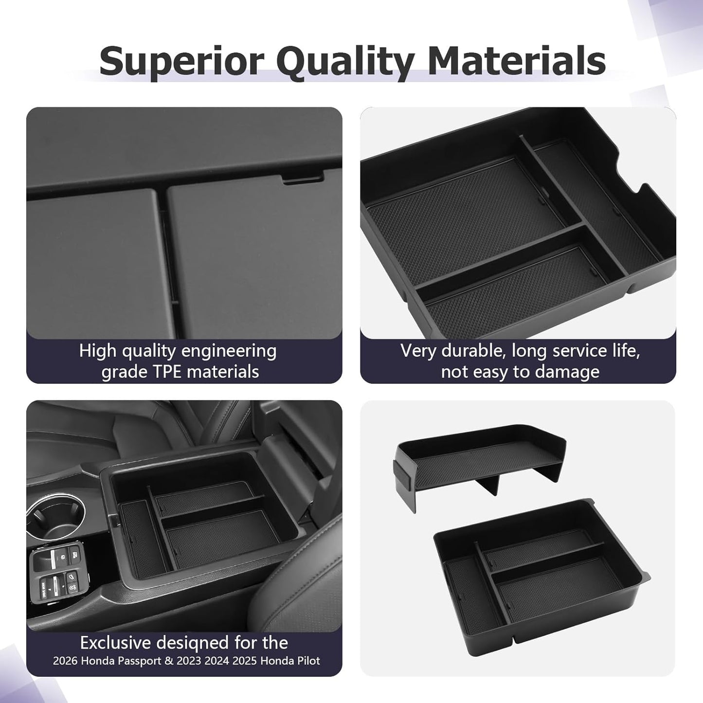 LUWU 2026 Honda Passport Accessories Compatible with 2023 2024 2025 Pilot & 2026 Passport Center Console Organizer, Armrest Storage Box Tray Organizer Insert Tray 2025 Pilot Accessories Black 2PCS