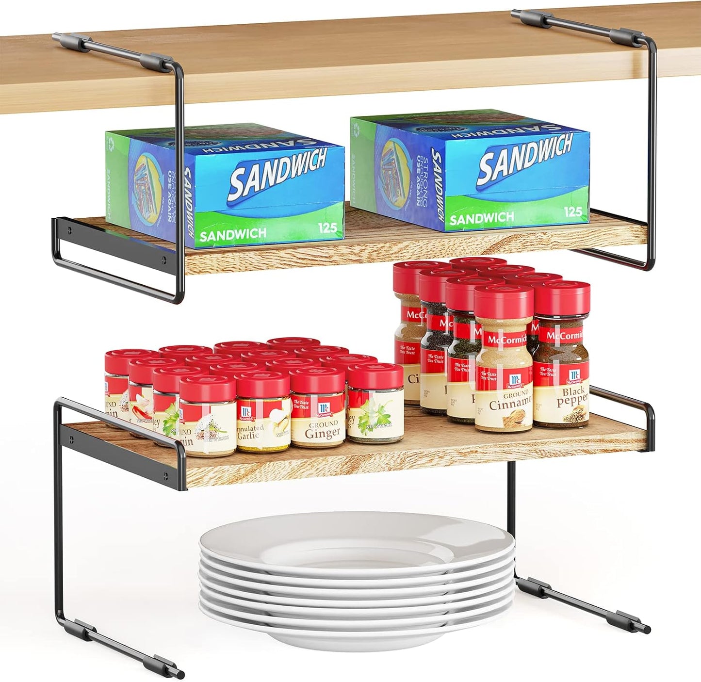 SpaceAid Cabinet Shelf Organizers 2 Pack, Kitchen Counter Organizer Rack Under Shelves Riser, Pantry Cupboard Storage Organization, Metal and Wood, Black and Natural, 16" Wide