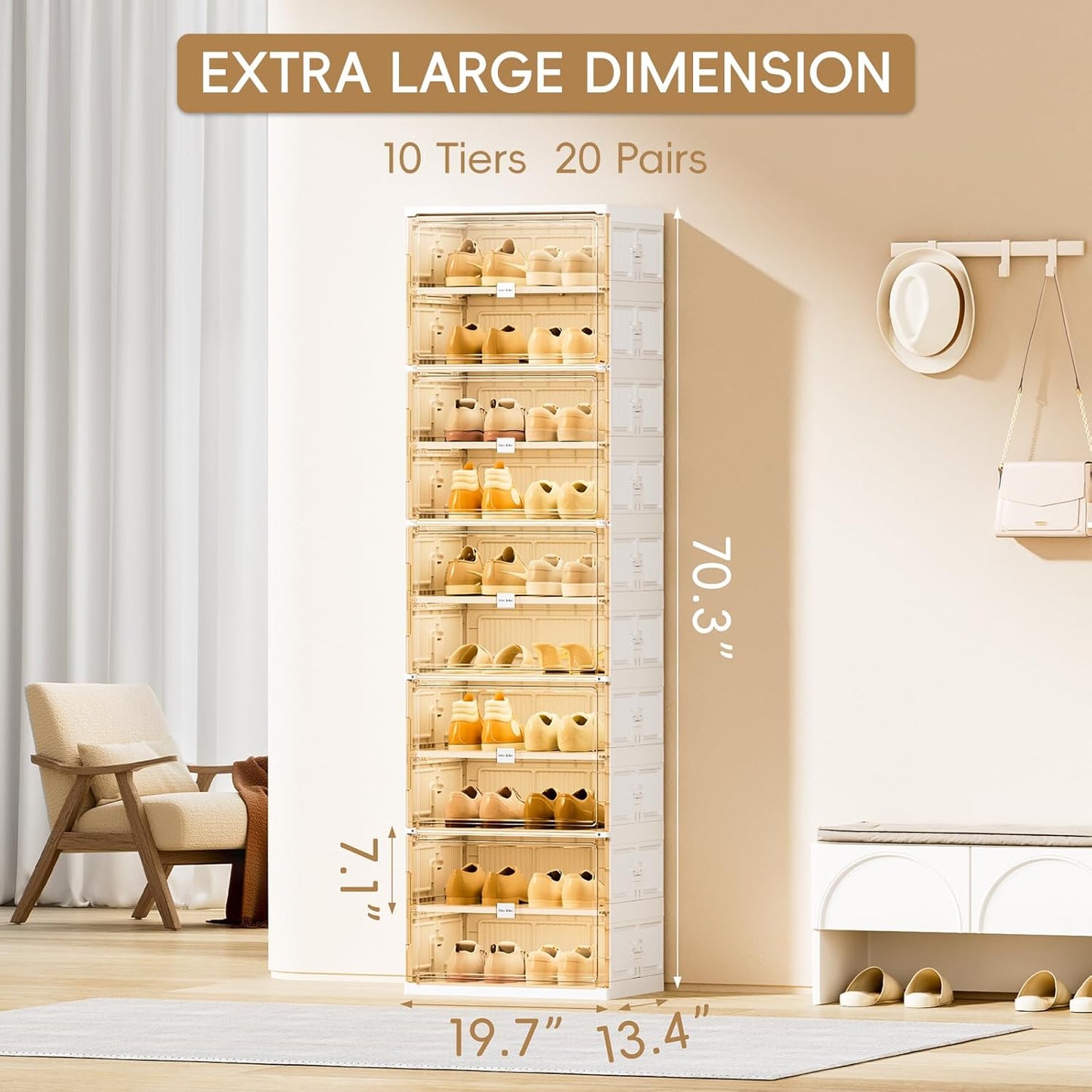 JEKO&JEKO 10 Tiers Foldable Shoe Rack Organizer Cabinet for Closet Entryway, Large Collapsible Shoe Storage Box with Magnetic Doors (White)