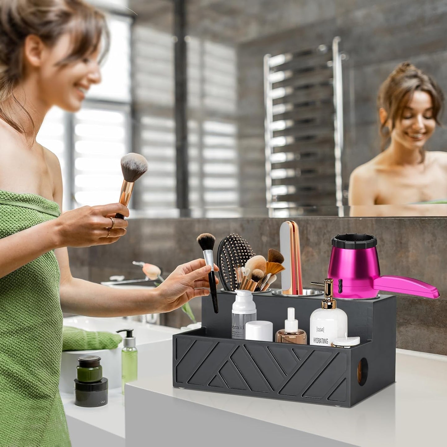 Unistyle Hair Tool Organizer, Wall Mounted, Bathroom Countertop, Vanity Organizer, Black, Wooden, Rectangular, Rustic, Art, 7.1 x 5.3 x 5.3 Inches, Paulownia Wood & Stainless Steel, 1.87 Pounds
