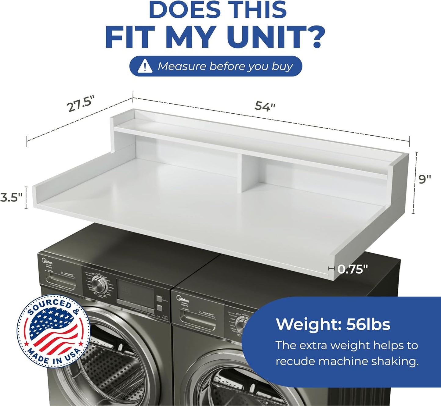 OfficeSimpli Washer Dryer Countertop with Shelf - 27.5 x 54 Inch - Made in USA Laundry Countertop Over Washer and Dryer with Non-Slip Pads, Storage Shelf, Laundry Topper Organizer, Gracier White
